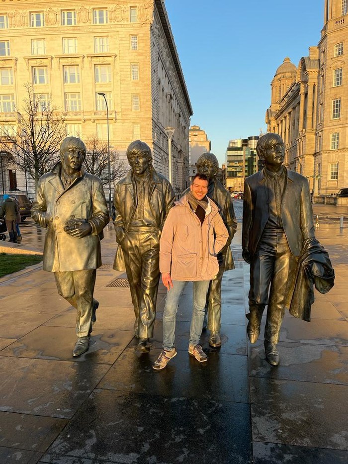 Piercarlo with the Beatles statue, Liverpool